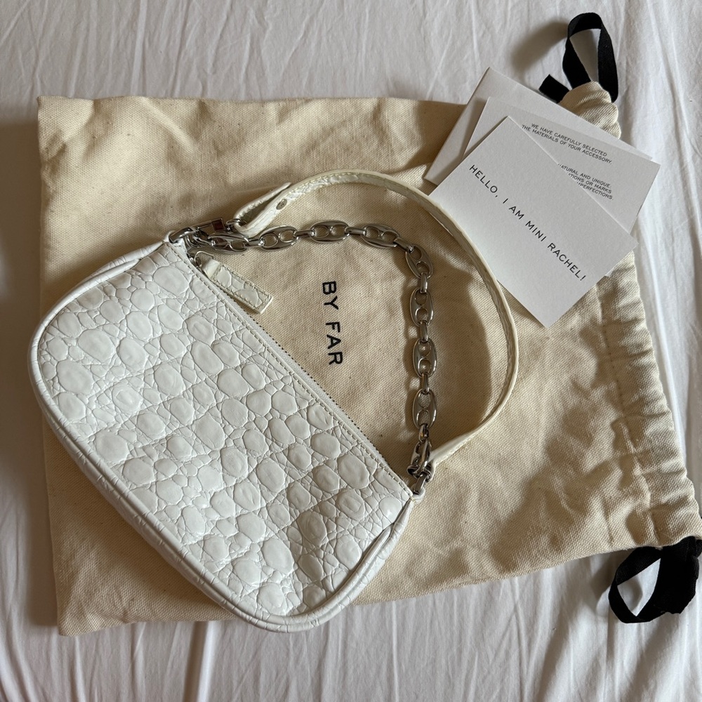 BY FAR Mini Rachel Pure White Circular Croco Embossed Leather Shoulder Bag